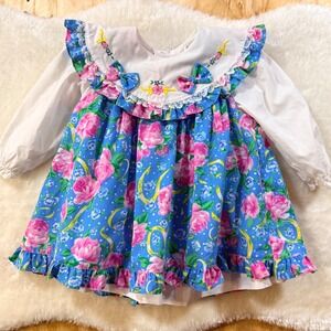 Vintage Floral Embroidered Collar Long Sleeve Dress 18 M Cottagecore Grandmacore